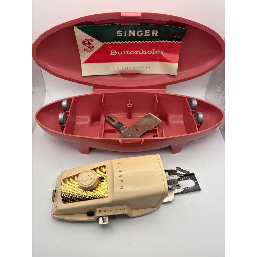 Vintage Singer Buttonholer Sewing Machine Attachment Pink Case Templates Manual